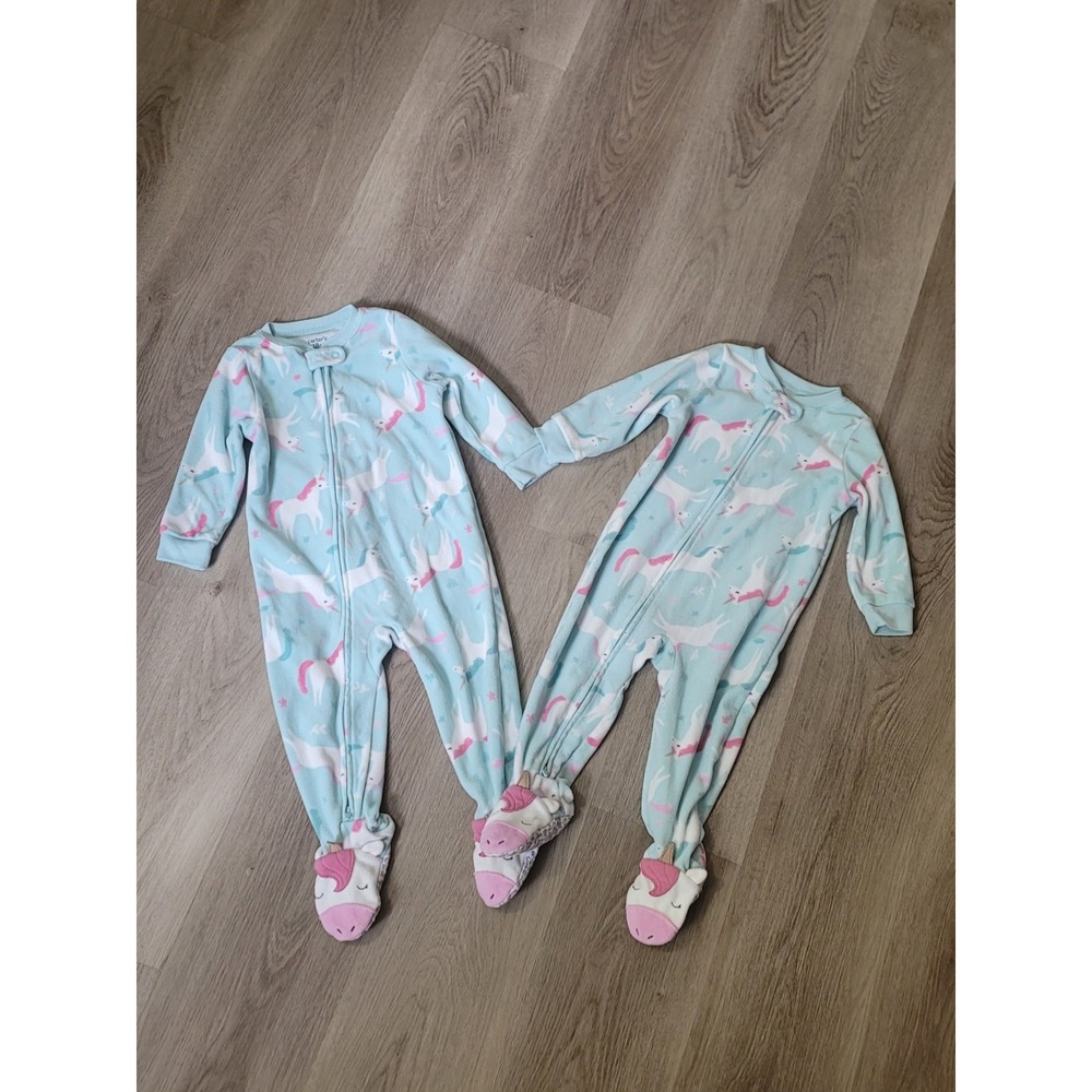Lot of 2 Carters 18 Months Fleece Footed Pjs Unicorn One Piece Sleeper TWIN Girl